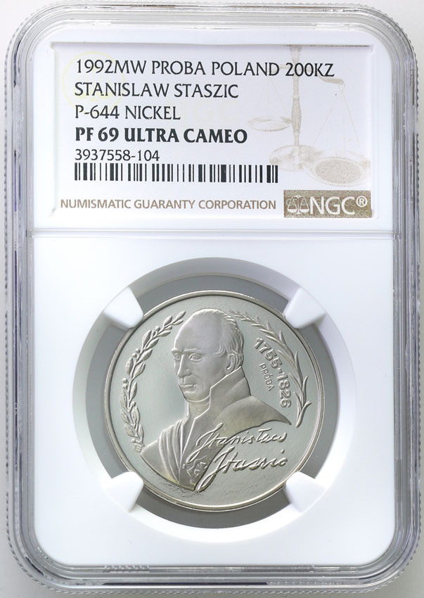 III RP. PRÓBA Nikiel 200 000 złotych 1992 Staszic NGC PF69 ULTRA CAMEO (MAX)